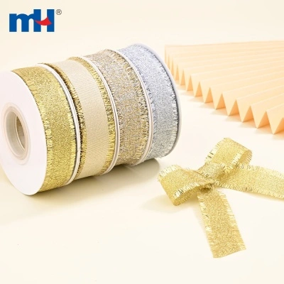 1" Fringed Grosgrain Ribbon with Metallic Satin Edged